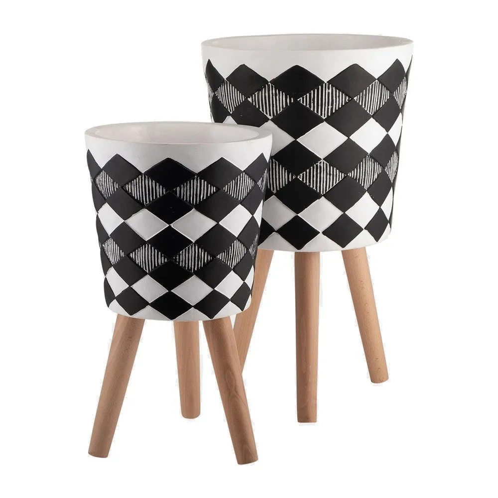 10, 12 Inch Planters with Legs, Set of 2, Diamond Patterns, White, Black By Casagear Home