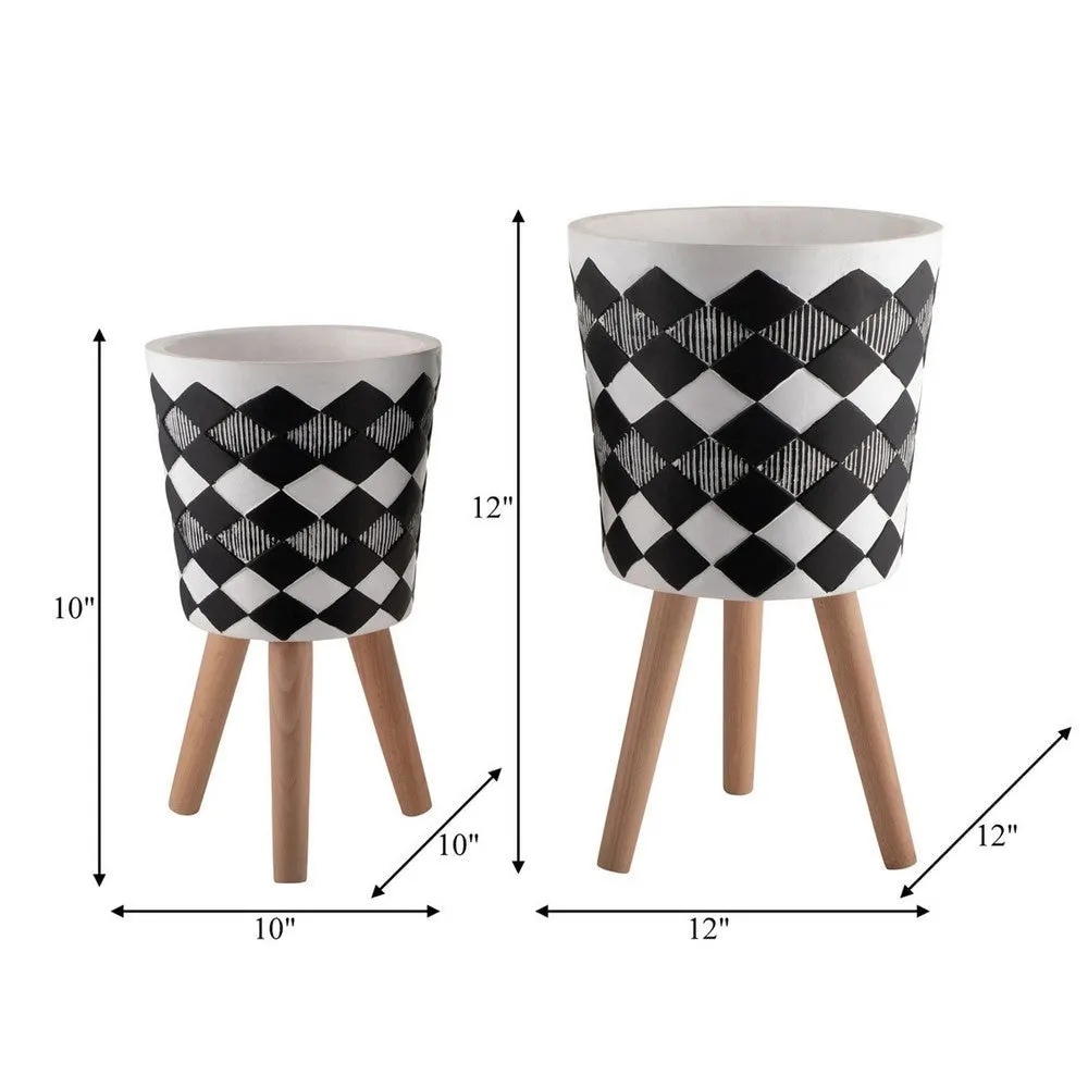 10, 12 Inch Planters with Legs, Set of 2, Diamond Patterns, White, Black By Casagear Home