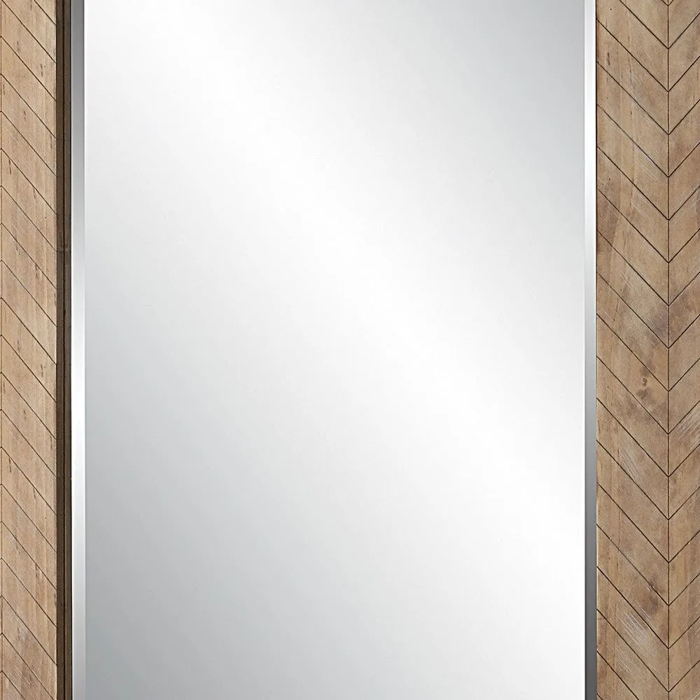39 Inch Wood Frame Wall Mirror, Chevron Design, Brown By Casagear Home