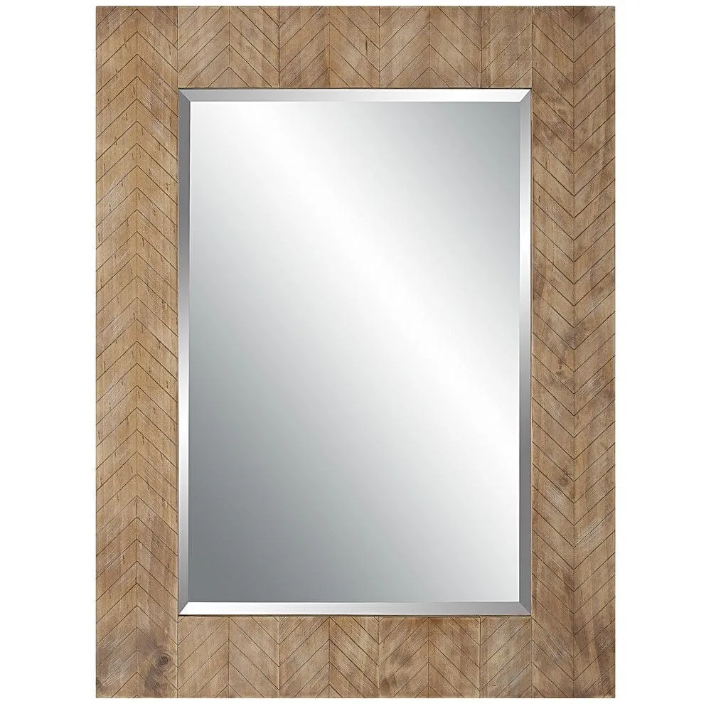 39 Inch Wood Frame Wall Mirror, Chevron Design, Brown By Casagear Home