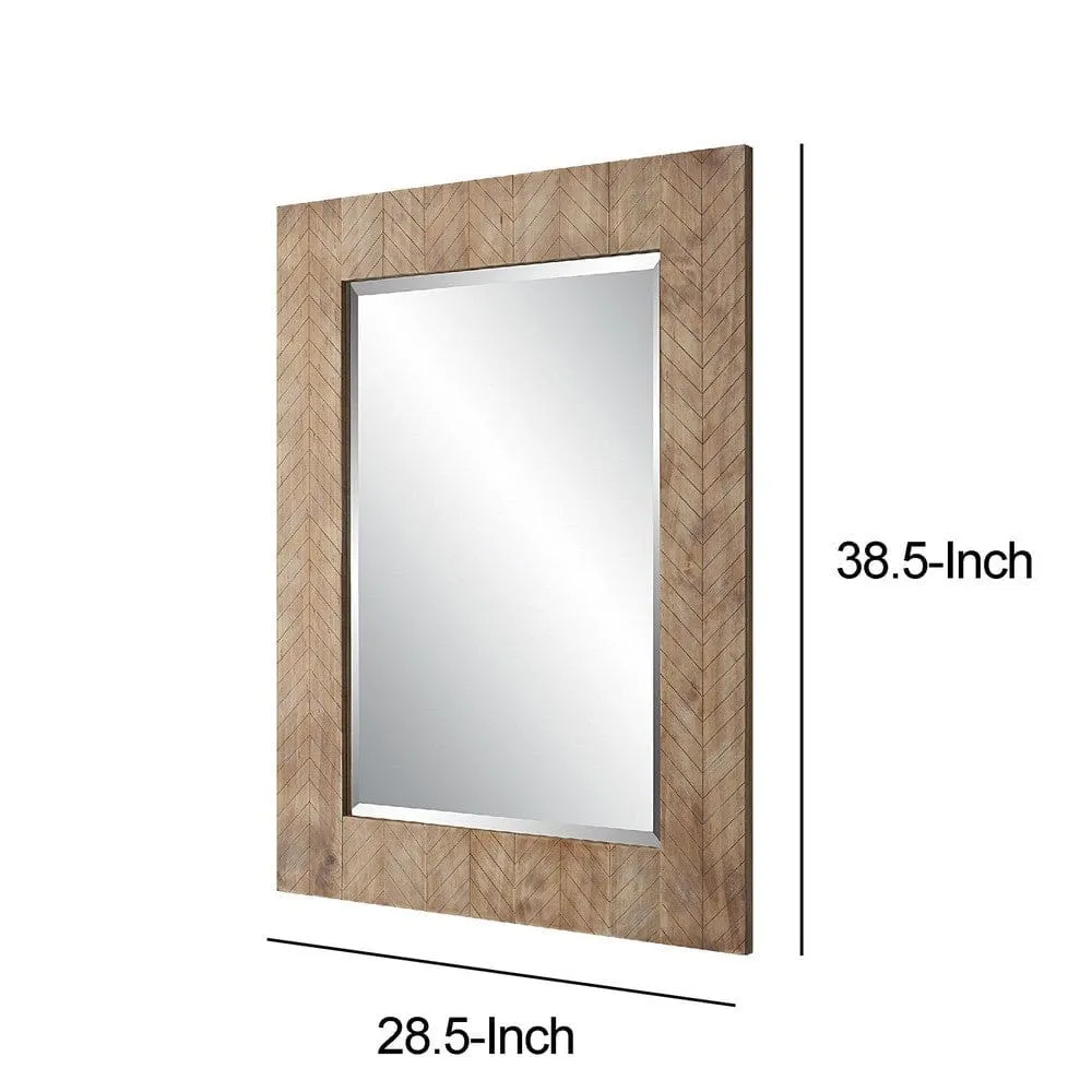 39 Inch Wood Frame Wall Mirror, Chevron Design, Brown By Casagear Home