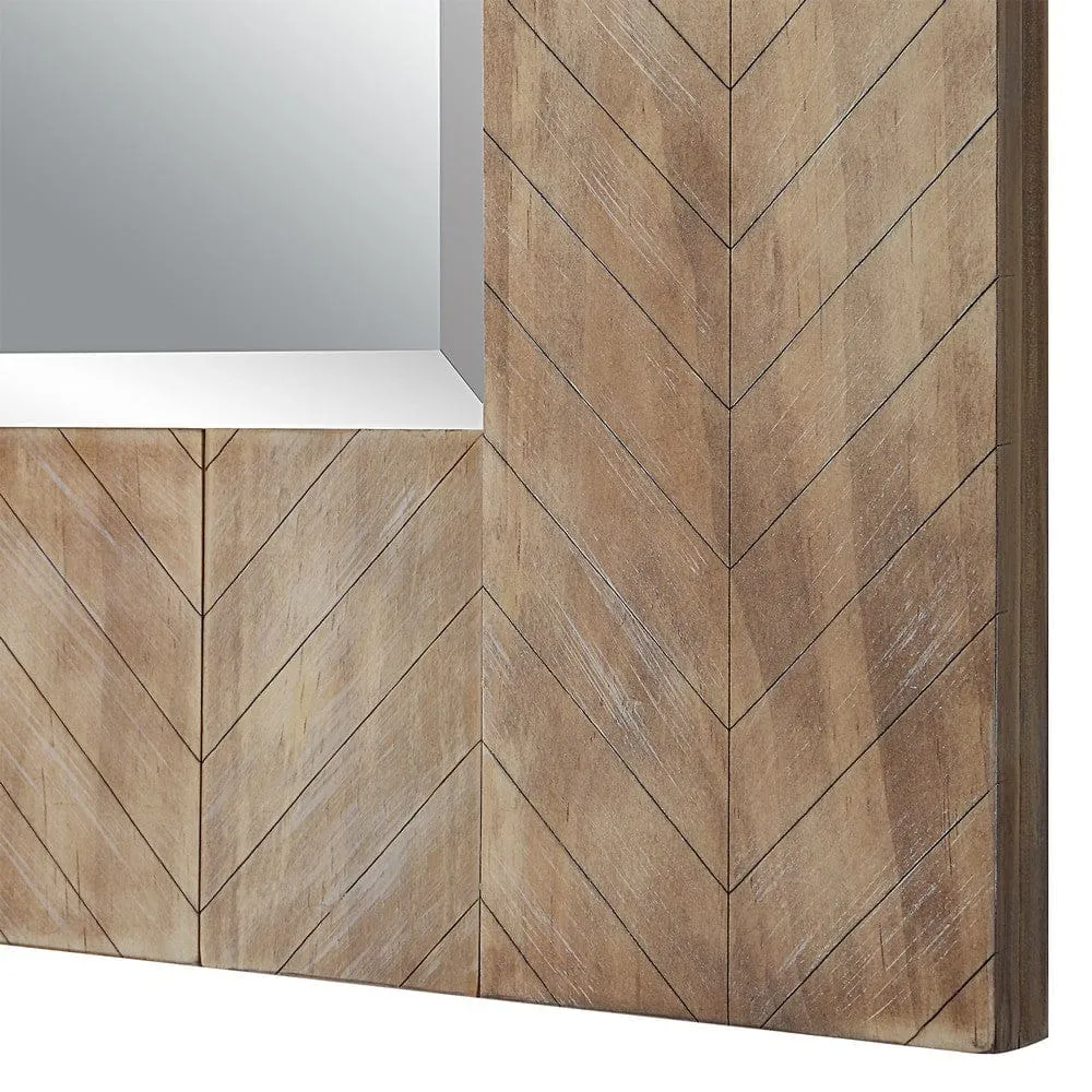 39 Inch Wood Frame Wall Mirror, Chevron Design, Brown By Casagear Home