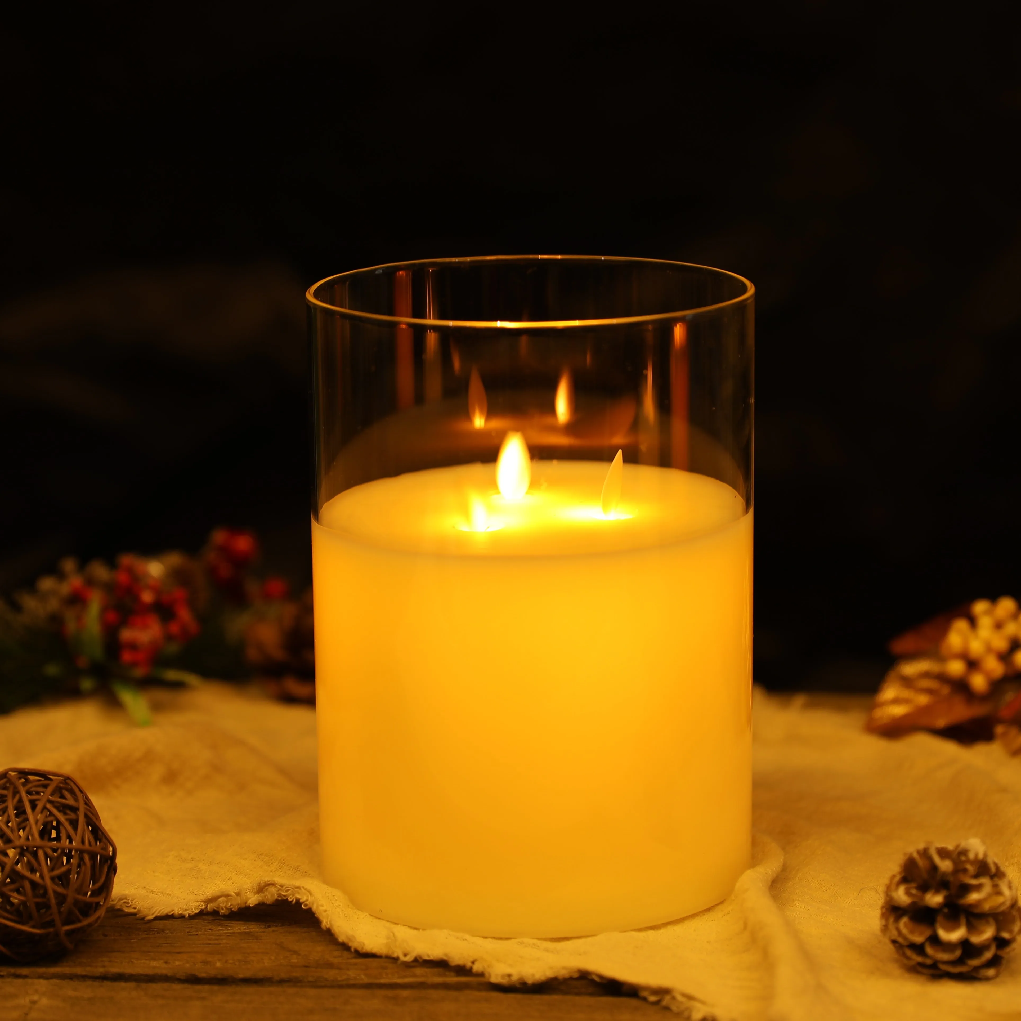 8''High 3-Wick Glass Battery Operated  Flameless Candles White
