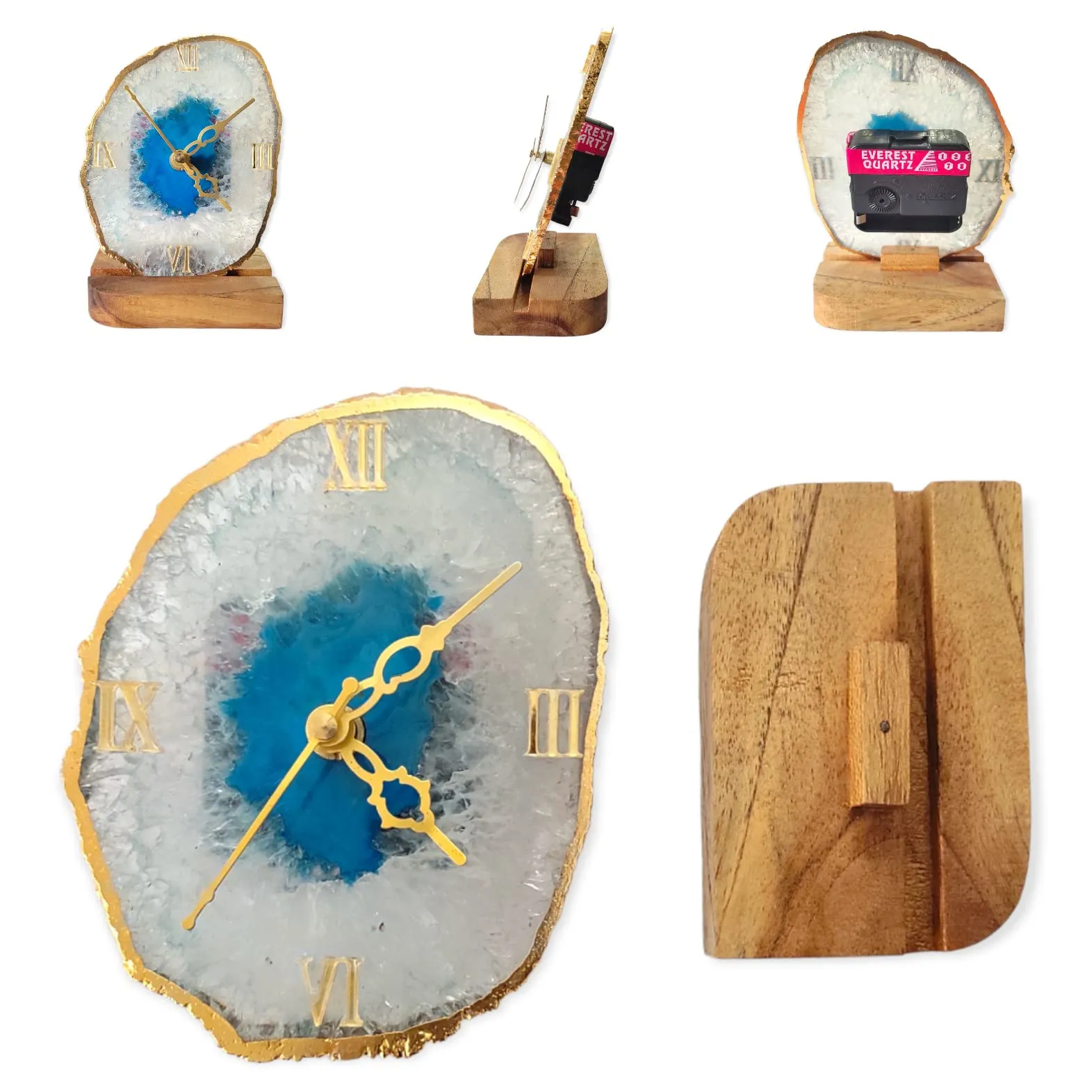 Agate Table Clock with Wooden Stand #01