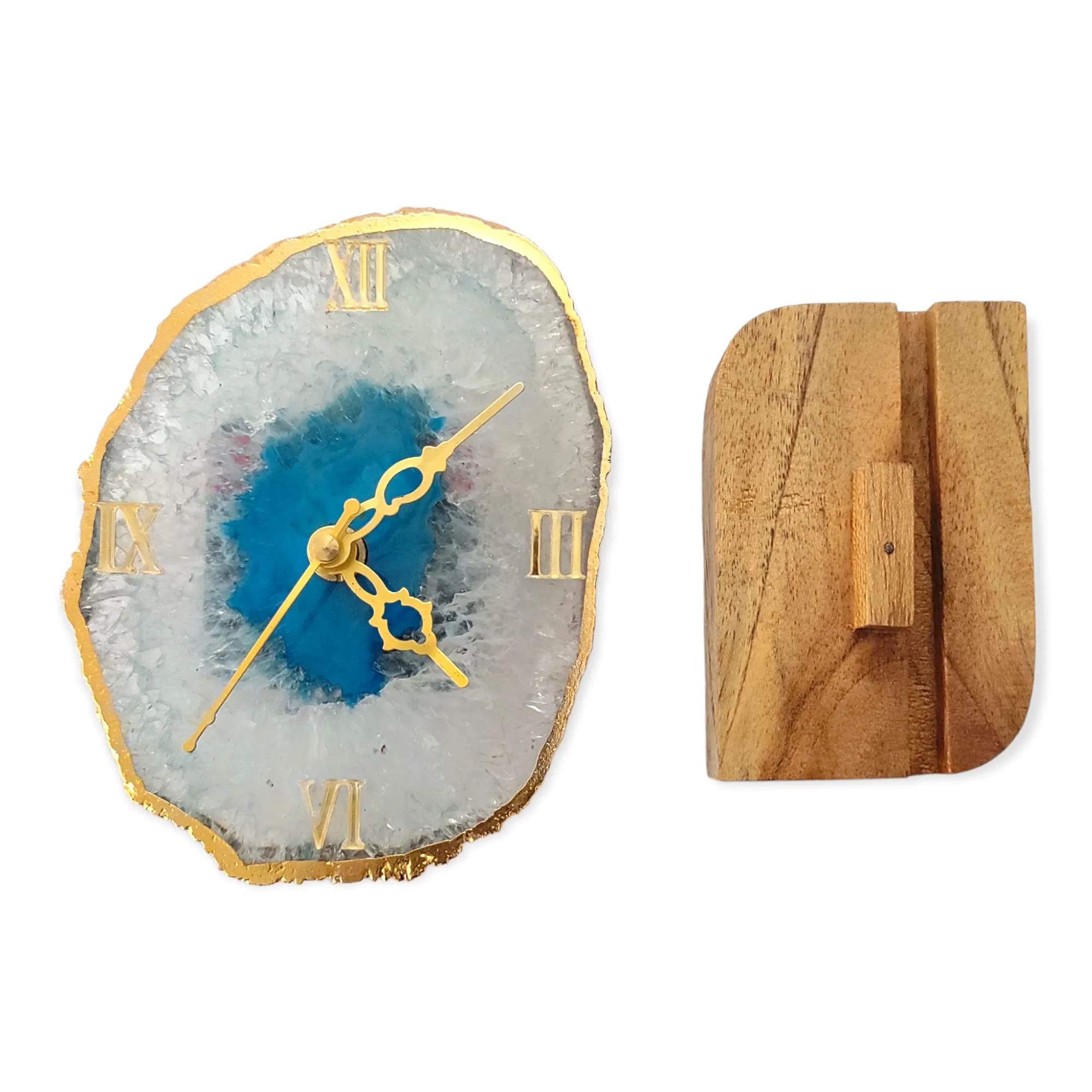 Agate Table Clock with Wooden Stand #01