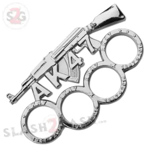 AK-47 Brass Knuckles Gun Themed Paperweight - Silver/Chrome