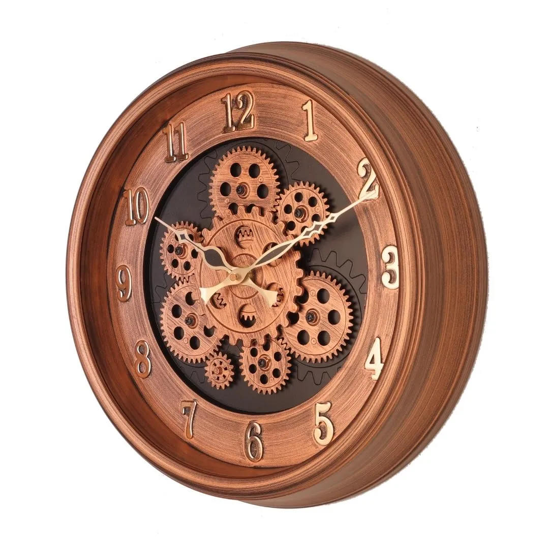 Amazon Brand – Umi Rotating Moving Gears Wall Clock Industrial Steampunk Real Moving Gear Designer Wall Clock for Living Room Home Decor Office Wooden Look Plastic Round 32cm UC-1387 (Copper Golden)