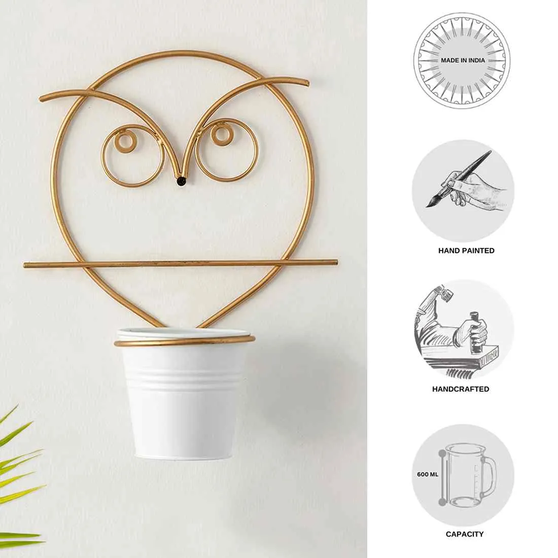 Angry Owl' Wall Planter Pot In Galvanized Iron (25.4 cm | Brass Finish)