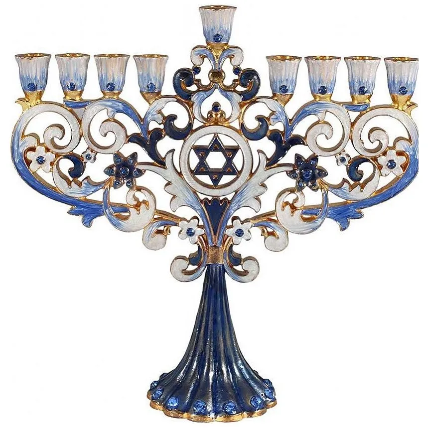 Artistic Jeweled Star of David Floral Design Menorah Fleur De Lis Blues