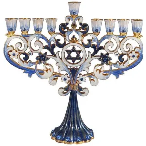 Artistic Jeweled Star of David Floral Design Menorah Fleur De Lis Blues