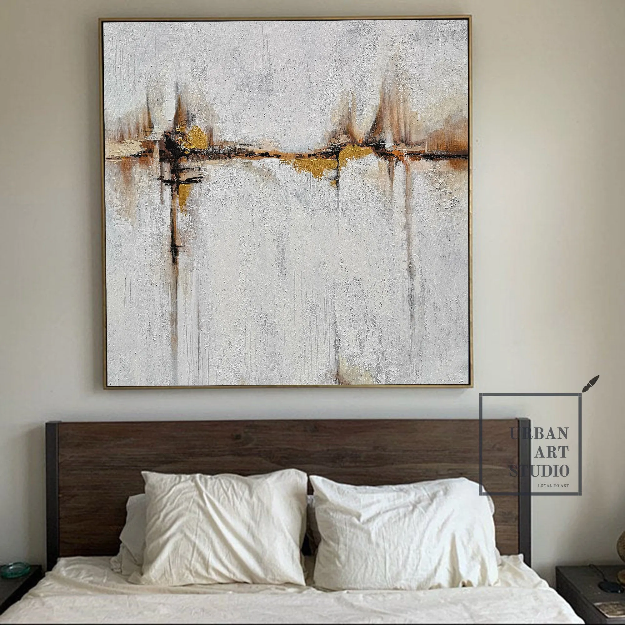 Beige Painting Gold Painting Ocean Landscape Painting Office Decor Bp100