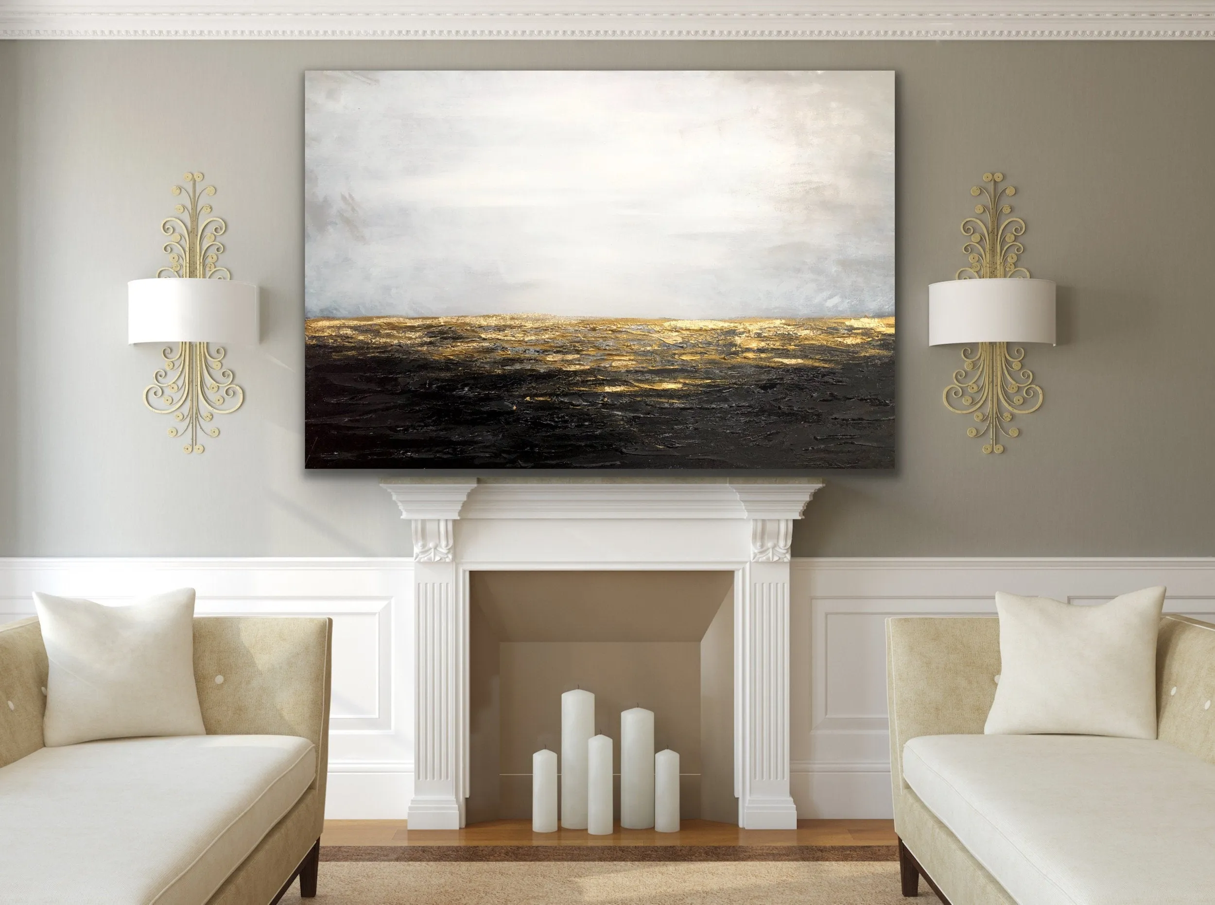 Black White Gold Painting on Canvas Contemporary Art Decor Wp011