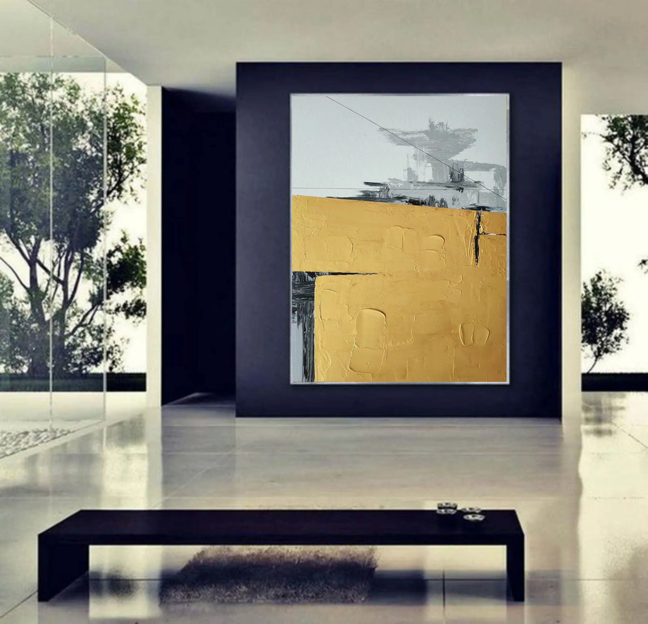 Black Yellow White Large Abstract Painting Original Large Canvas Art Np119