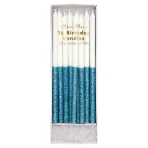 Blue Glitter Dipped Candles,  Set of 16 Tall White Birthday Candles Dipped in Sparkling Blue Glitter