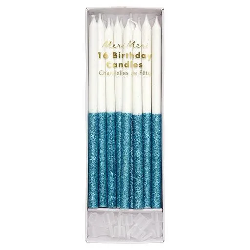 Blue Glitter Dipped Candles,  Set of 16 Tall White Birthday Candles Dipped in Sparkling Blue Glitter