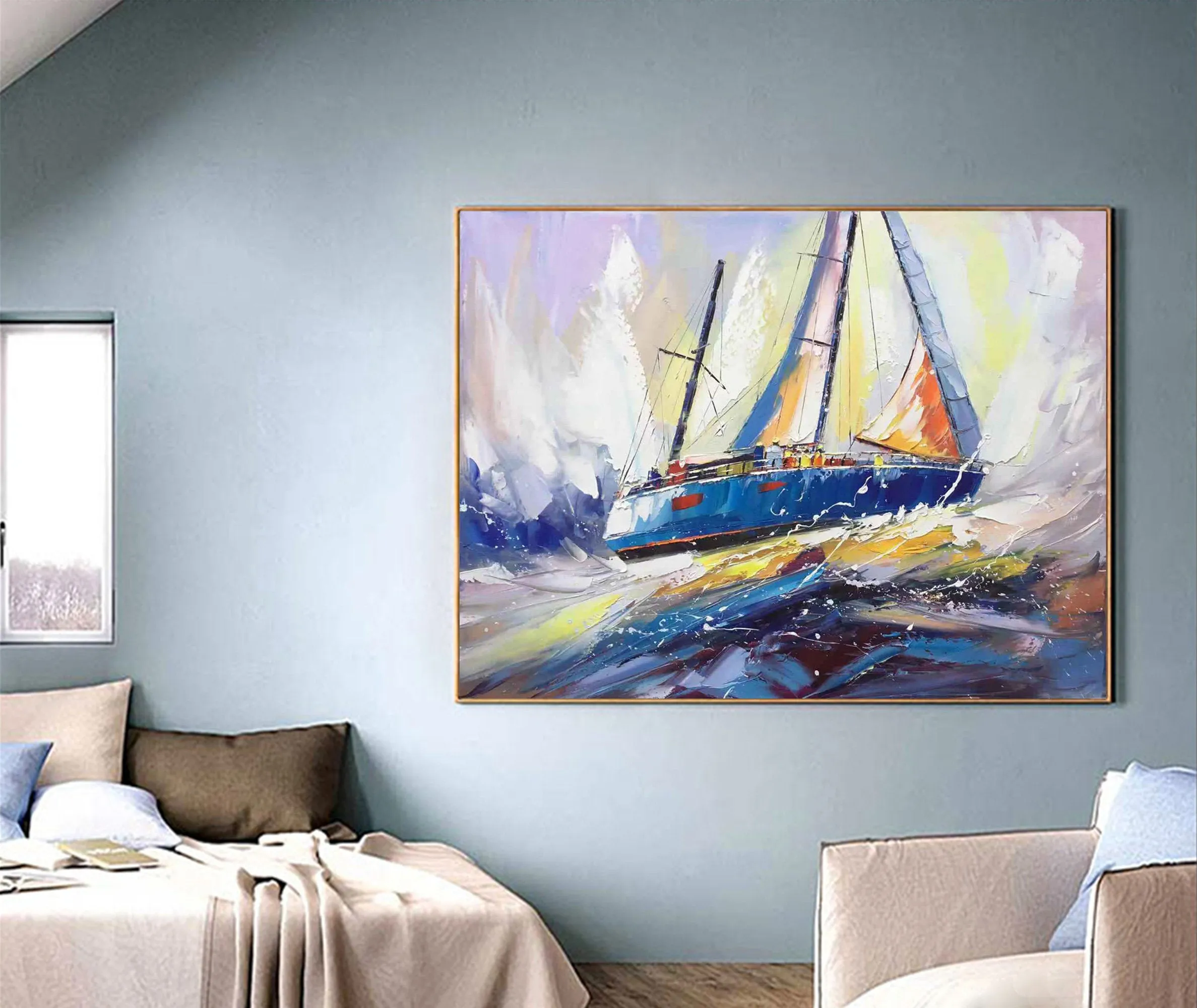 Blue Ocean Painting Sailboat Painting Landscape on Canvas Op031
