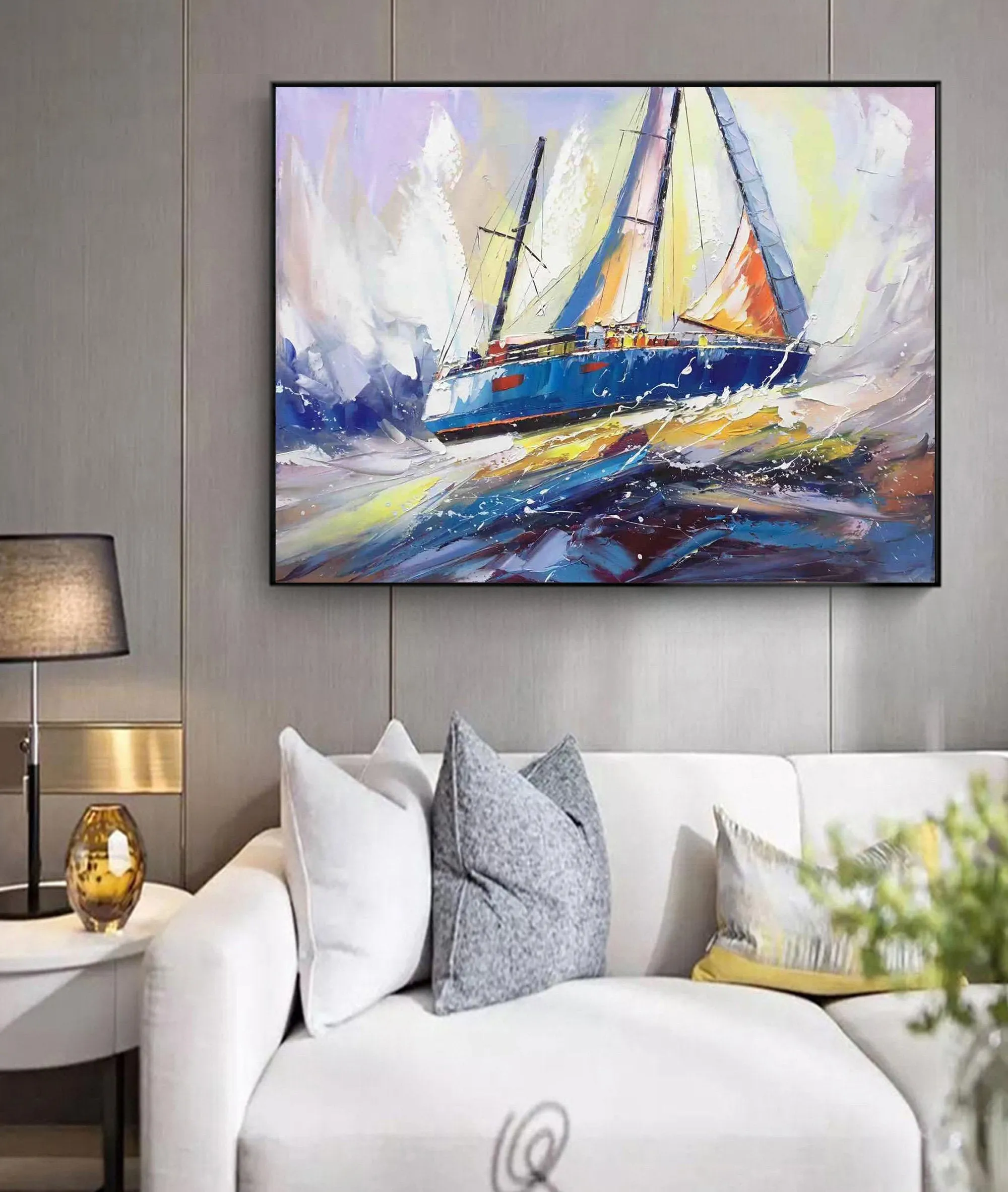 Blue Ocean Painting Sailboat Painting Landscape on Canvas Op031