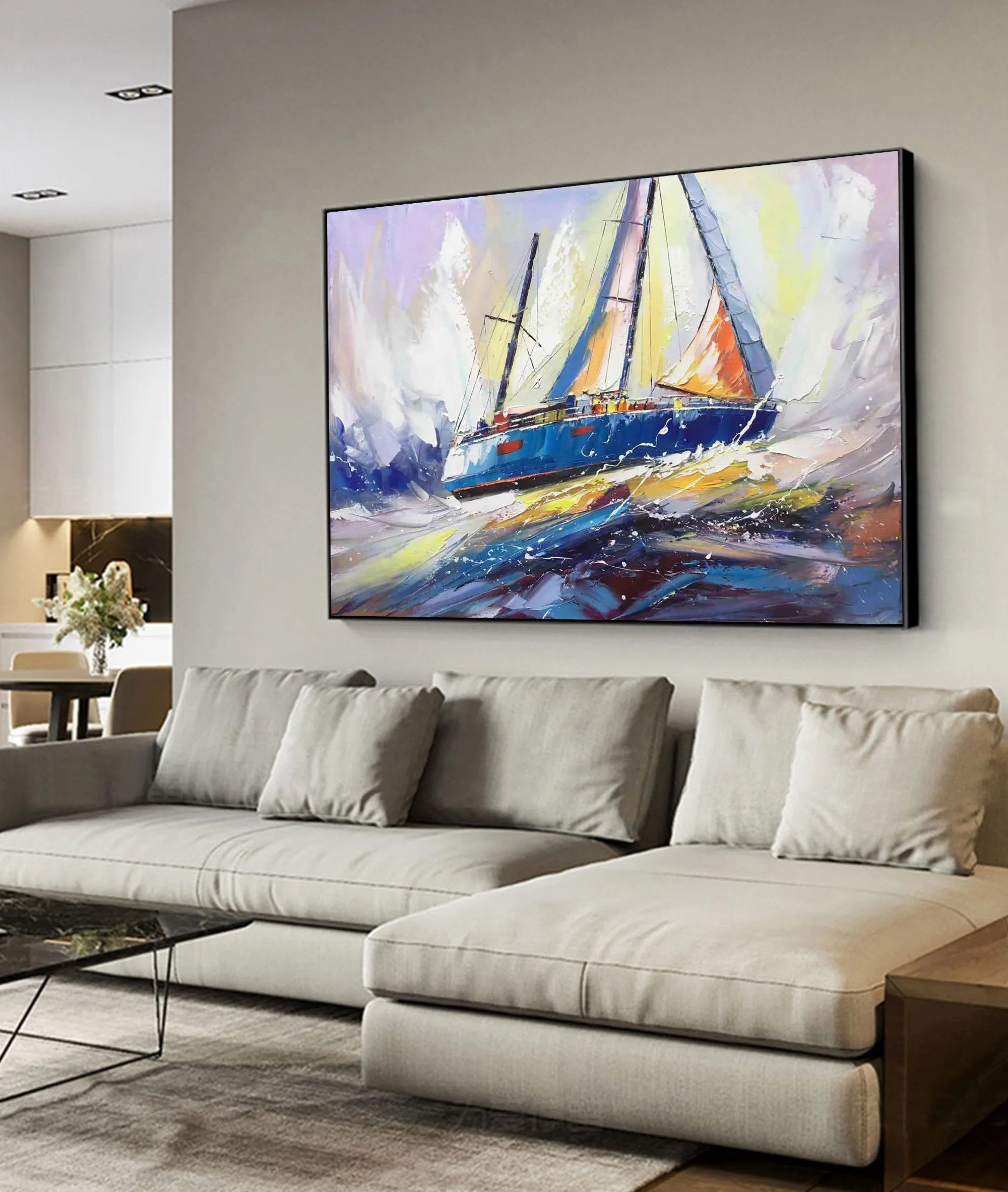 Blue Ocean Painting Sailboat Painting Landscape on Canvas Op031