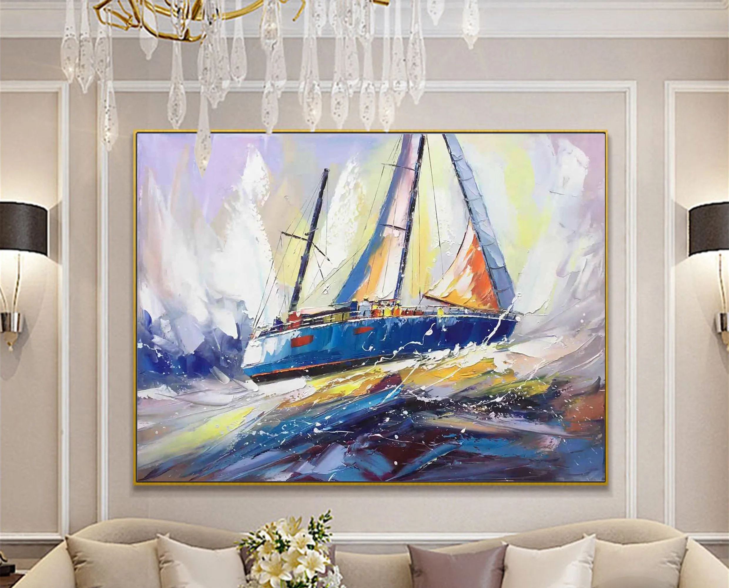 Blue Ocean Painting Sailboat Painting Landscape on Canvas Op031