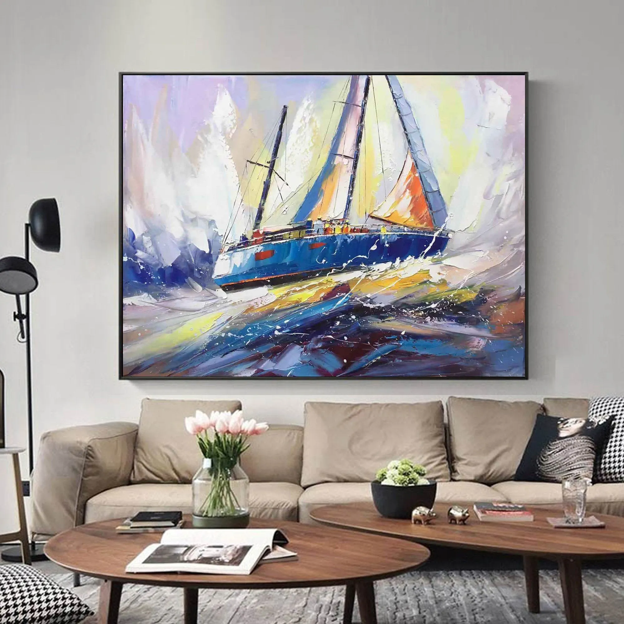 Blue Ocean Painting Sailboat Painting Landscape on Canvas Op031