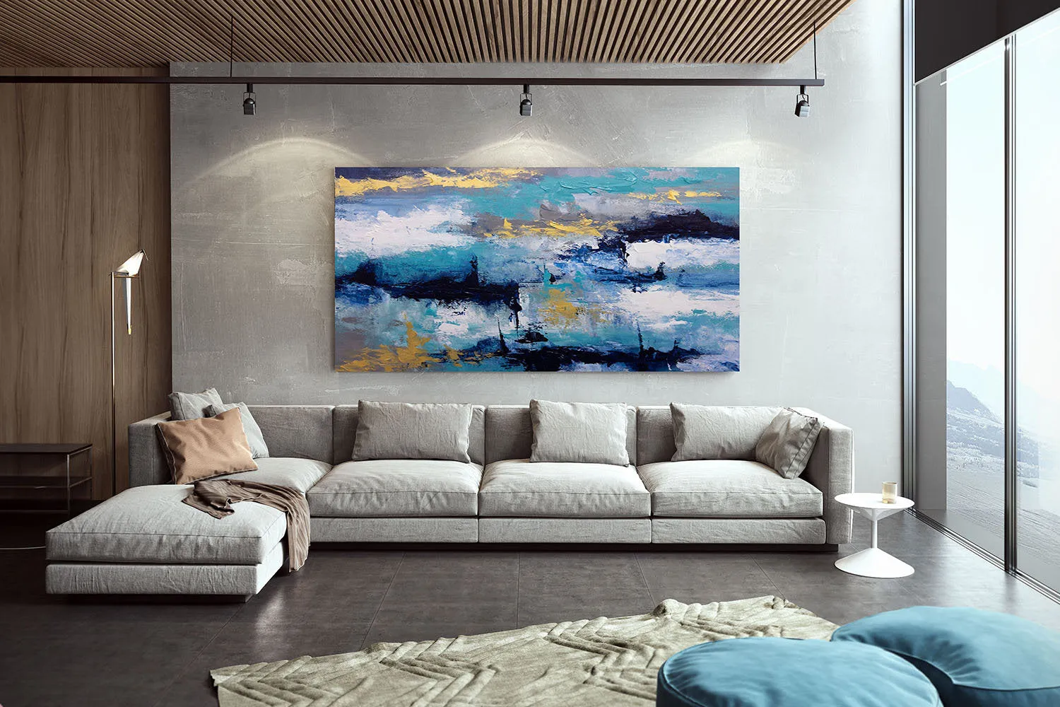Blue White Gold Abstact Painting Palette Knife Artwork Contemporary Qp024