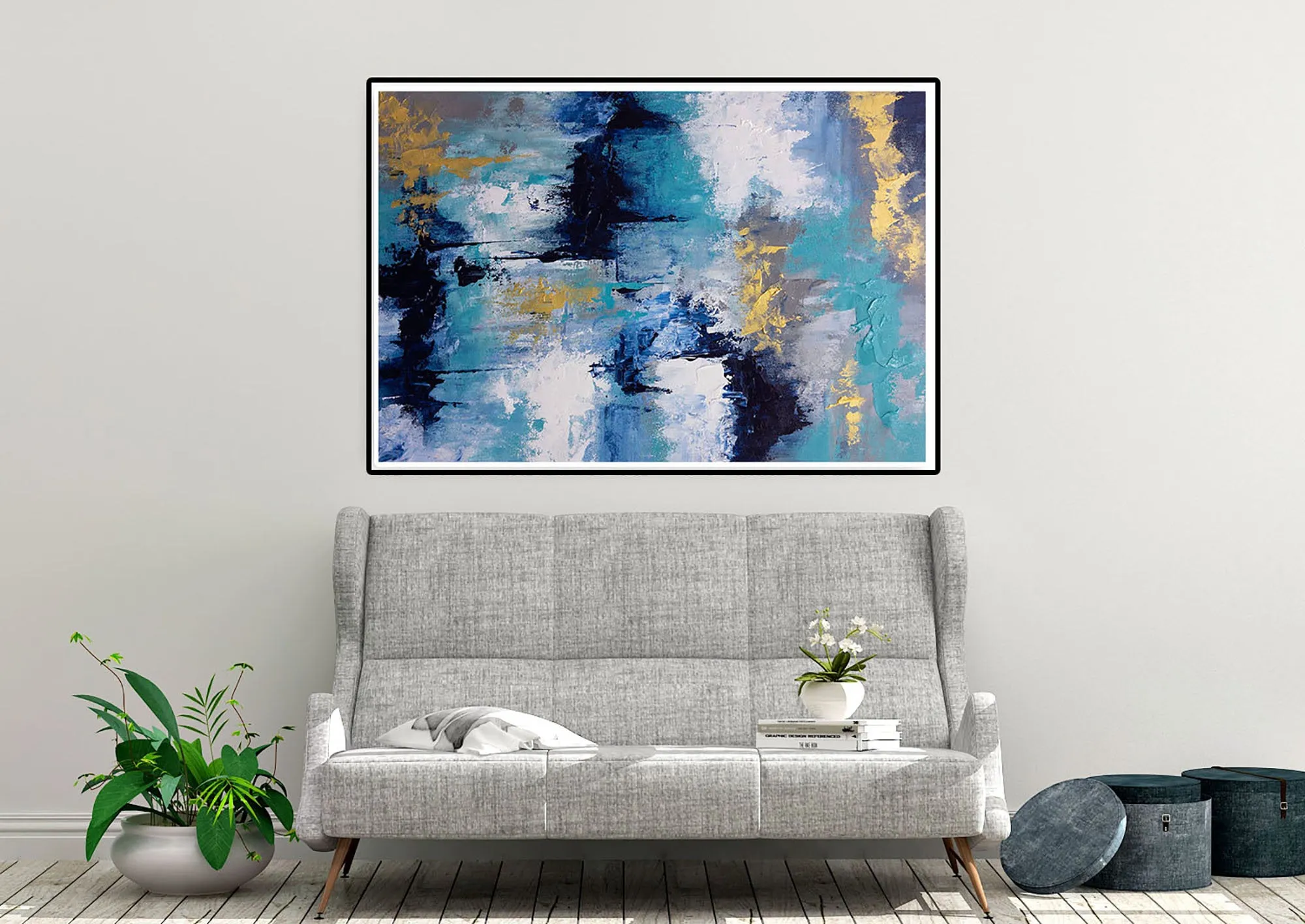 Blue White Gold Abstact Painting Palette Knife Artwork Contemporary Qp024