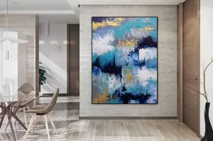 Blue White Gold Abstact Painting Palette Knife Artwork Contemporary Qp024