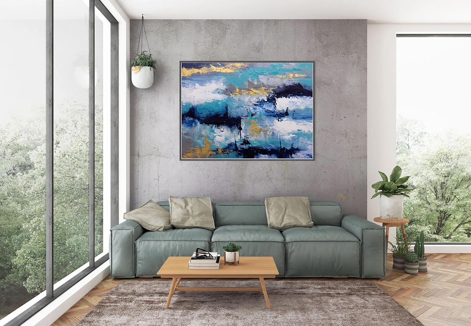 Blue White Gold Abstact Painting Palette Knife Artwork Contemporary Qp024