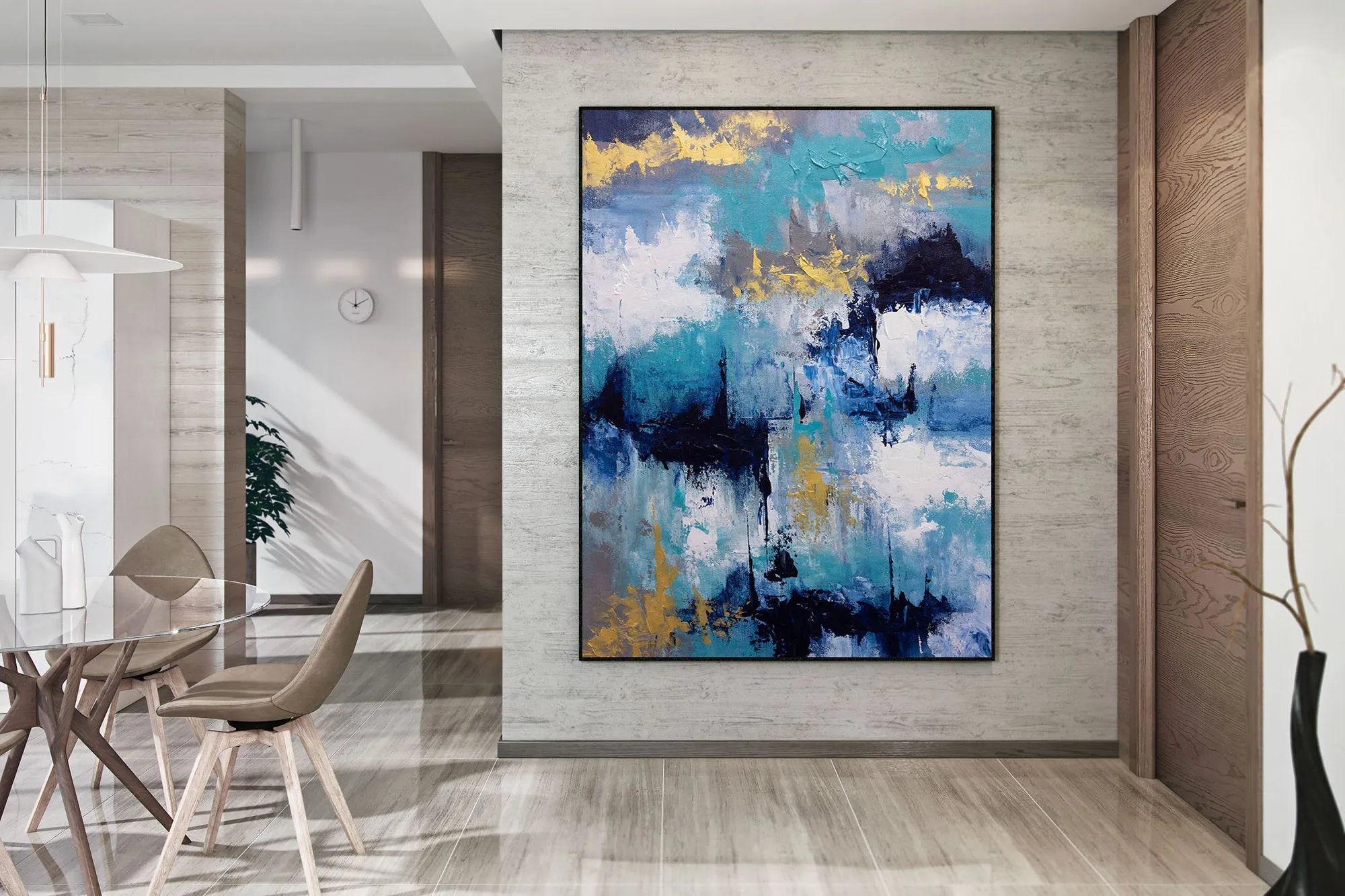 Blue White Gold Abstact Painting Palette Knife Artwork Contemporary Qp024