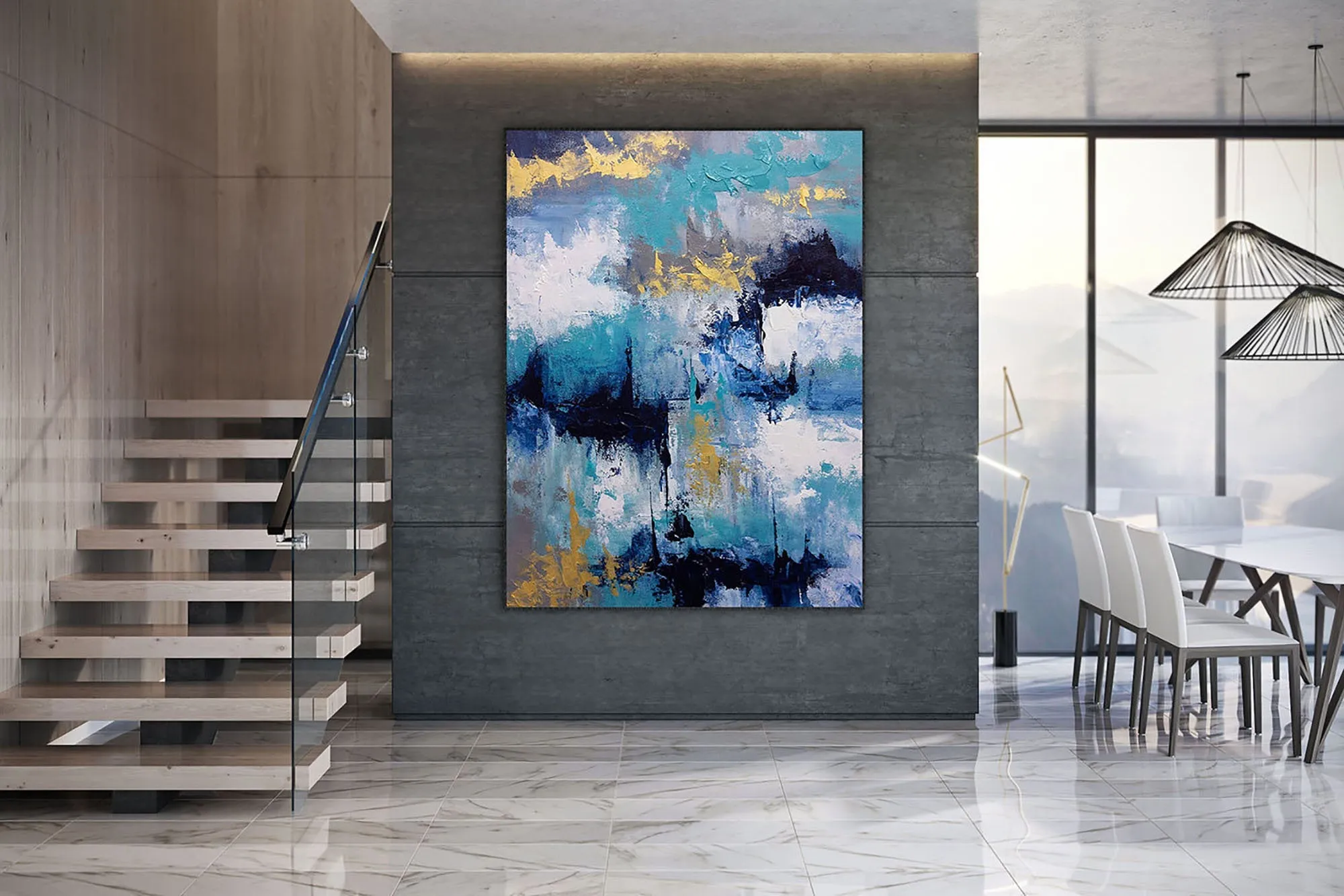 Blue White Gold Abstact Painting Palette Knife Artwork Contemporary Qp024