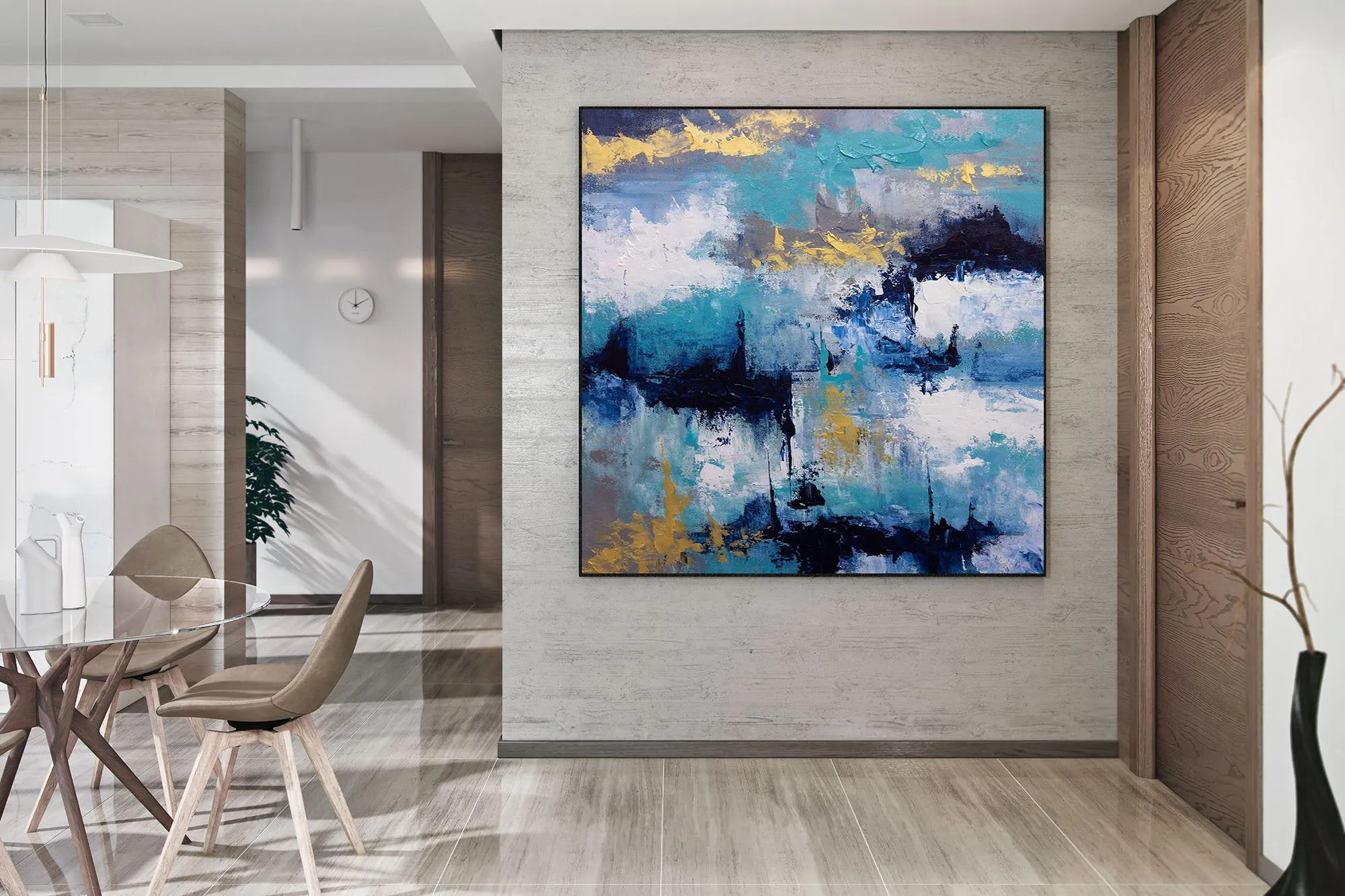 Blue White Gold Abstact Painting Palette Knife Artwork Contemporary Qp024