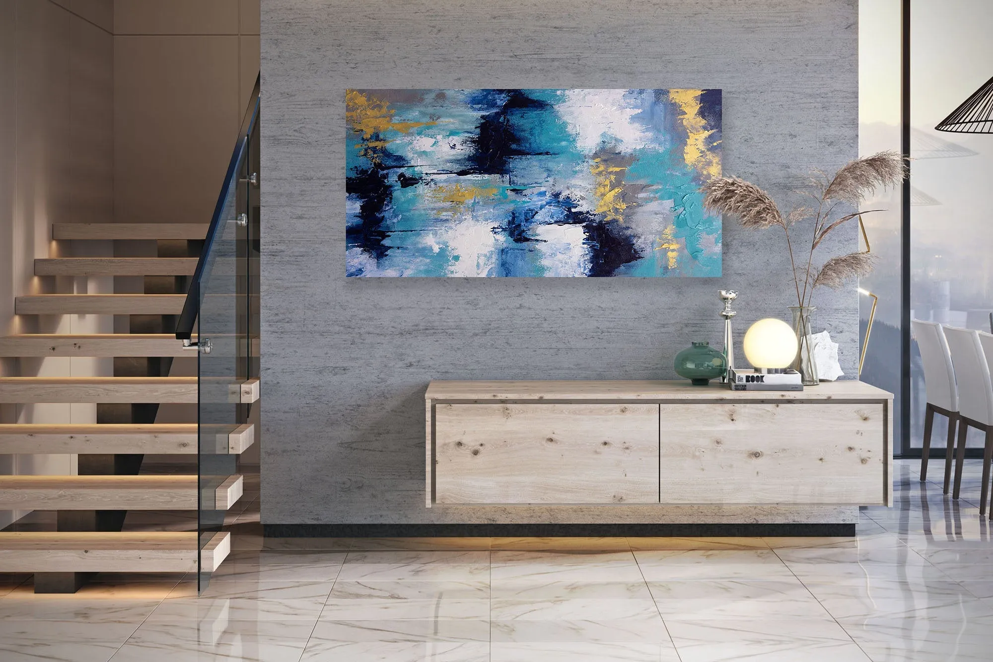 Blue White Gold Abstact Painting Palette Knife Artwork Contemporary Qp024