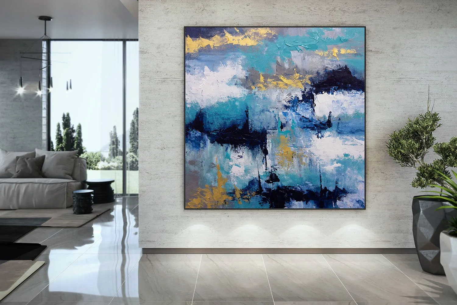 Blue White Gold Abstact Painting Palette Knife Artwork Contemporary Qp024