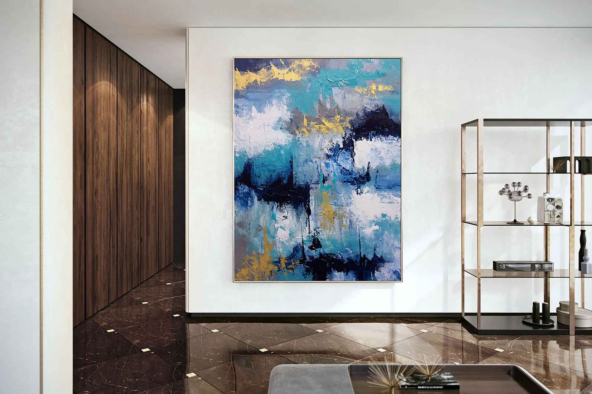 Blue White Gold Abstact Painting Palette Knife Artwork Contemporary Qp024