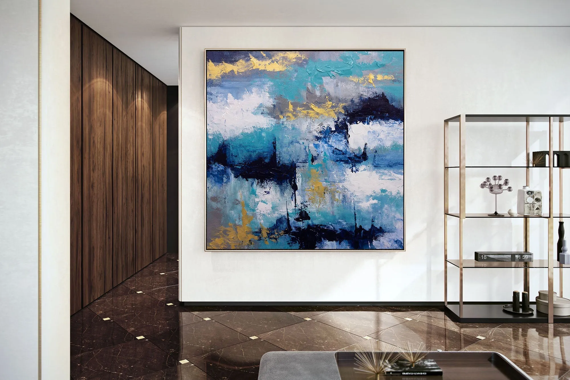 Blue White Gold Abstact Painting Palette Knife Artwork Contemporary Qp024