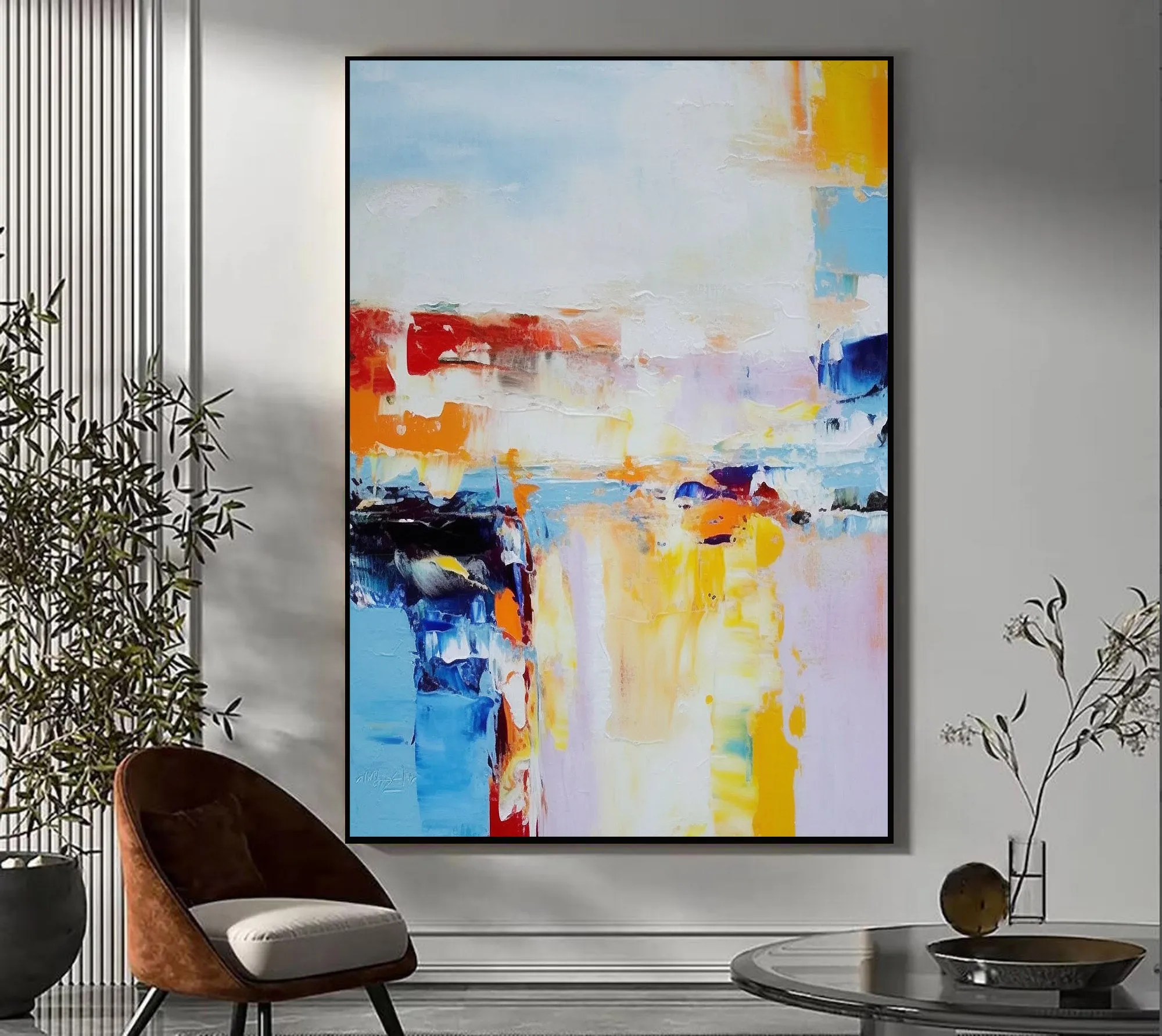 Blue White Yellow Abstract Painting Textured Canvas Painting Large Canvas Art For Living Room