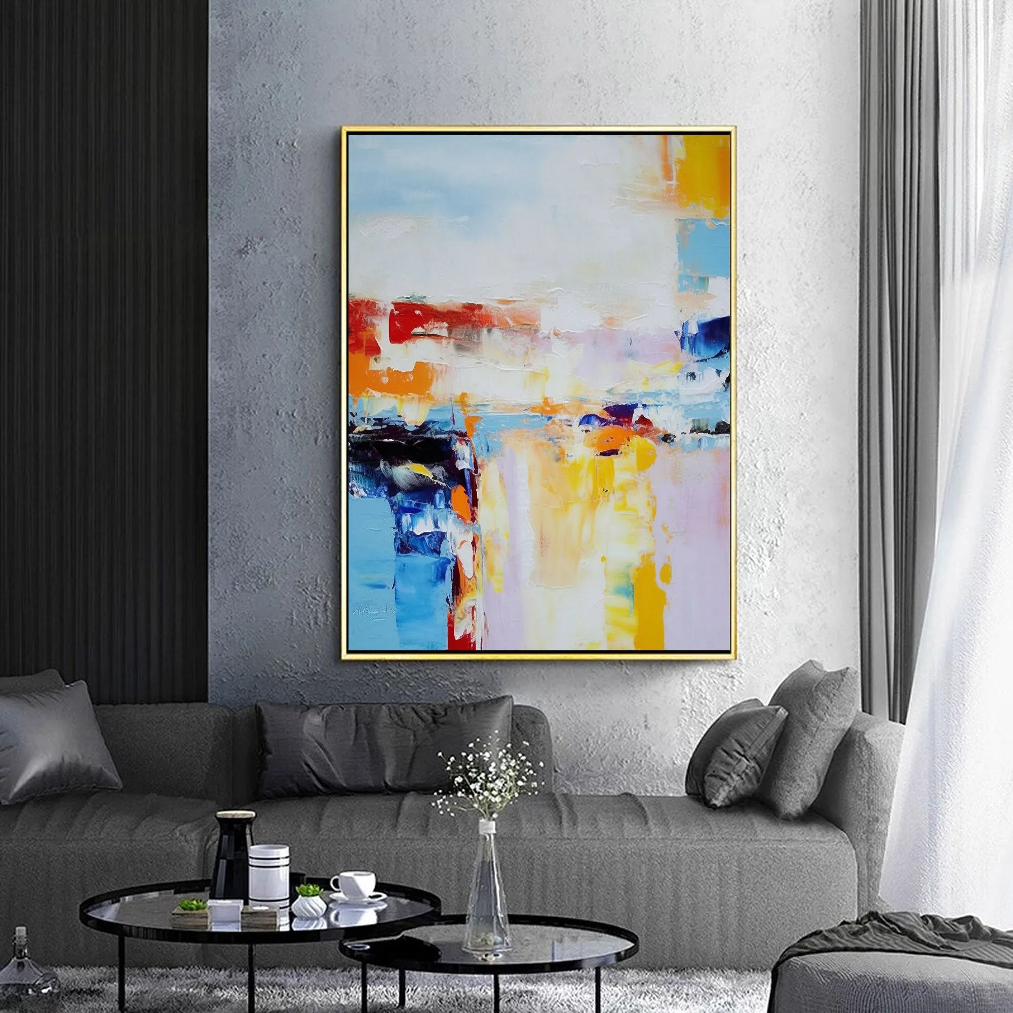 Blue White Yellow Abstract Painting Textured Canvas Painting Large Canvas Art For Living Room