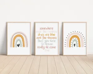 Boho Rainbow Set of 3 Nursery Art Prints, Girl colorful Nursery Wall Art, Nursery Decor, Play Room, Baby Room Ideas,Rainbow, 009