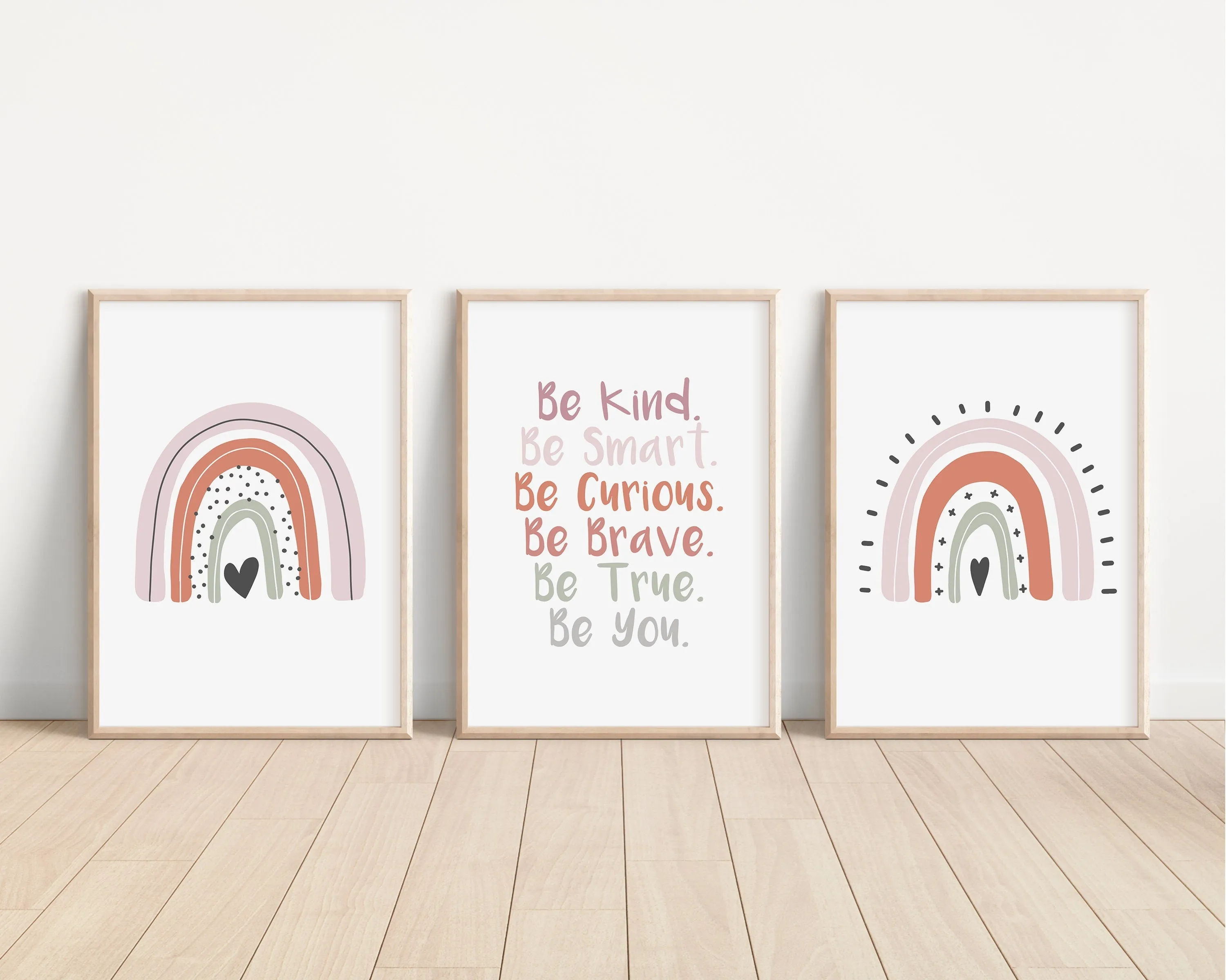 Boho Rainbow Set of 3 Nursery Art Prints, Girl Room Pink Nursery Wall Art, Affirmations, Play Room, Baby Room,Rainbow, Be True Be You, 026