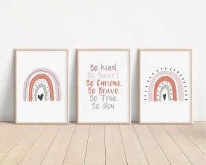 Boho Rainbow Set of 3 Nursery Art Prints, Girl Room Pink Nursery Wall Art, Affirmations, Play Room, Baby Room,Rainbow, Be True Be You, 026