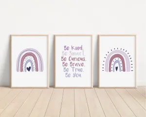 Boho Rainbow Set of 3 Nursery Art Prints, Girl Room Purple Nursery Wall Art, Affirmations, Play Room, Baby Room,Rainbow, Lavender 026