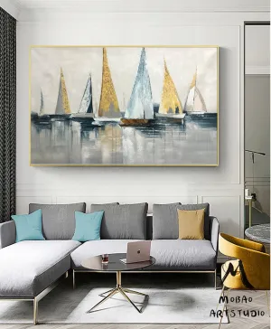 Canvas Wall Art Large Original Sailboats Gather in the Harbor Landscape Gp036
