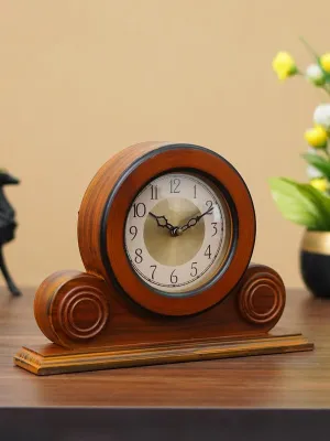 CHRONIKLE Beautiful Brown Color Wooden English Numbers Round Golden Color Dial Analog Table Clock for Office Desk Home Living Study Room Gifts (Size: 22 x 7 x 32 CM | Weight: 1275 Gram)