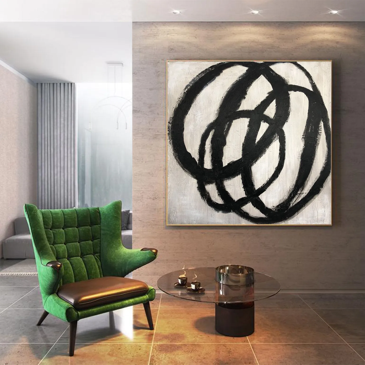 Circle Black and White Abstract Painting on Canvas Living Room Art Kp037