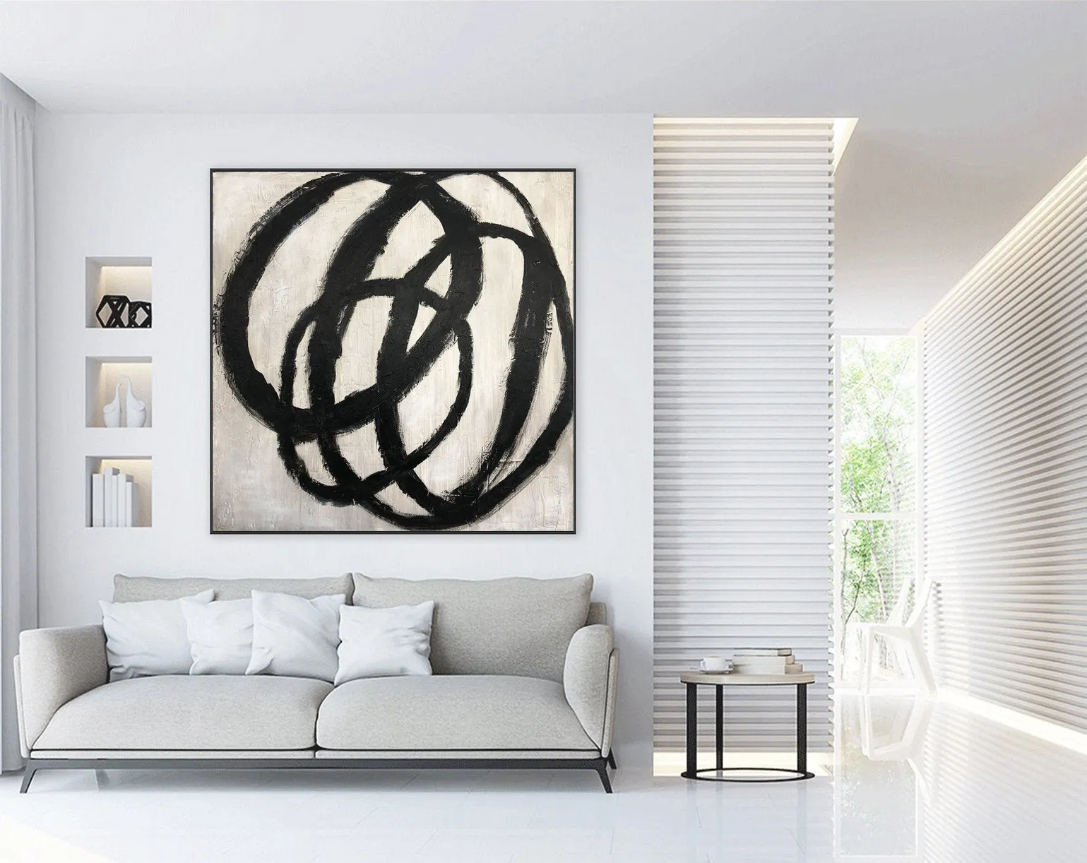 Circle Black and White Abstract Painting on Canvas Living Room Art Kp037