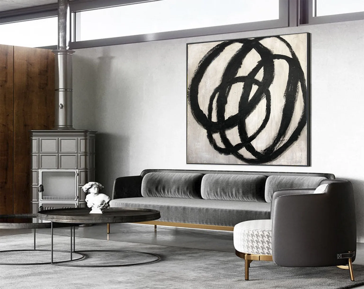 Circle Black and White Abstract Painting on Canvas Living Room Art Kp037