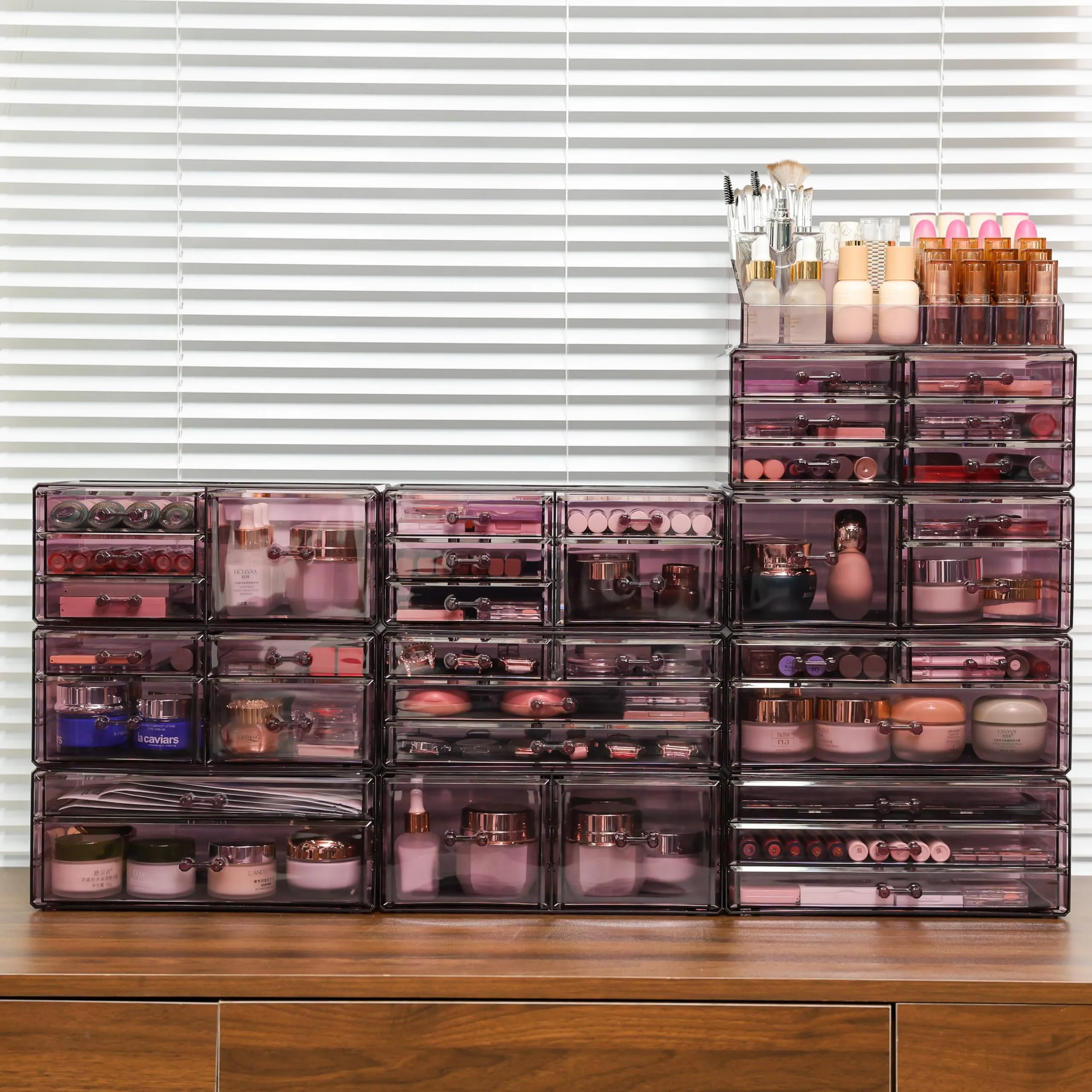 Cq acrylic 3 Pack-big Makeup Organizer, Multi-purpose Make Up Holder, Large Cosmetic Organizer for Vanity With Drawer, Exquisite Desktop Storage Drawers for Beauty,Skincare Product