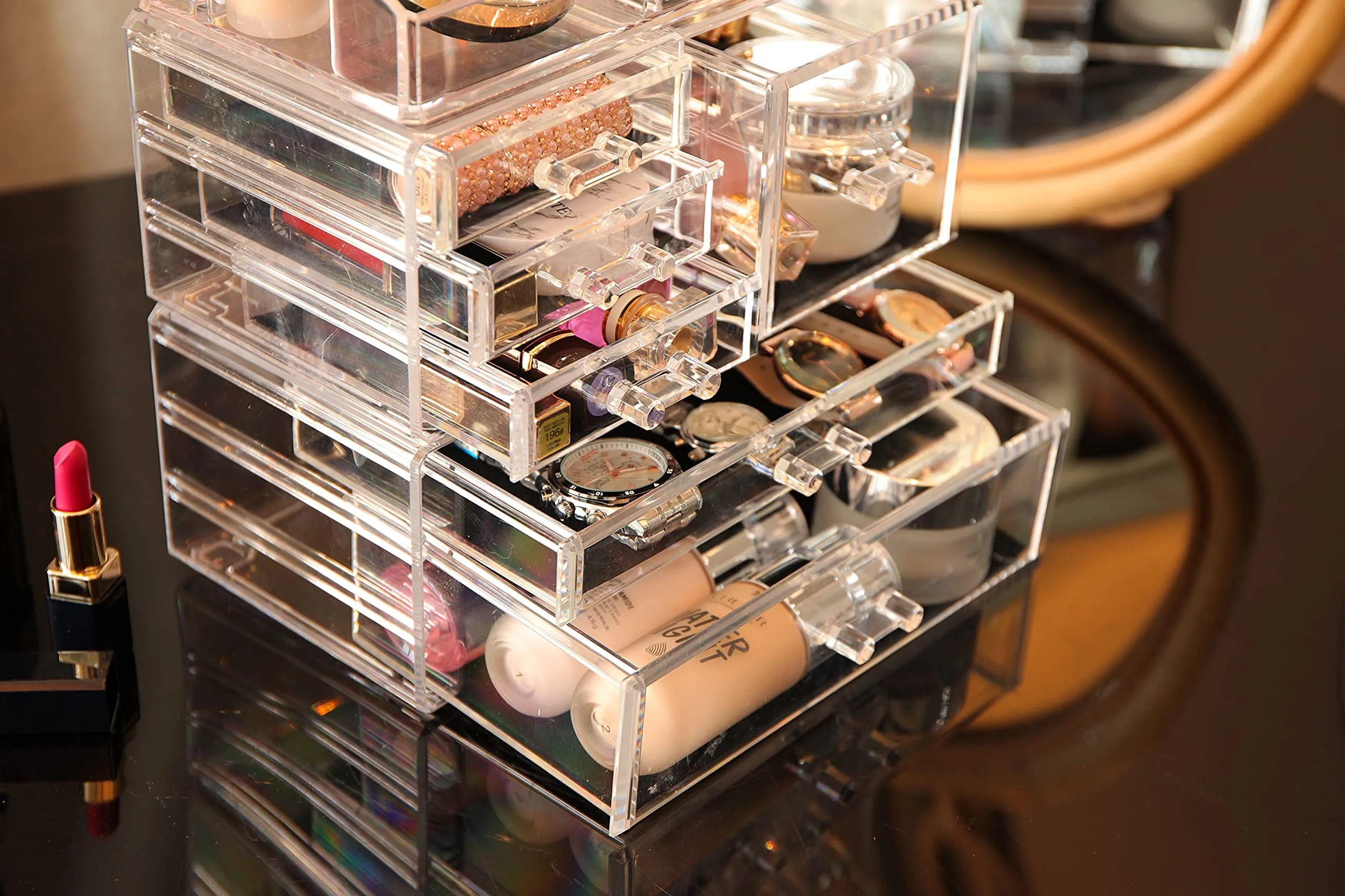 Cq acrylic 3 Pack Clear Makeup Organizer Countertop, Stackable 6 Drawers Skincare Organizer,Cute Skin Care Organizer for Vanity Hair Clip,Jewelry,Beauty Product Desk and Make Up Organizers for Vanity