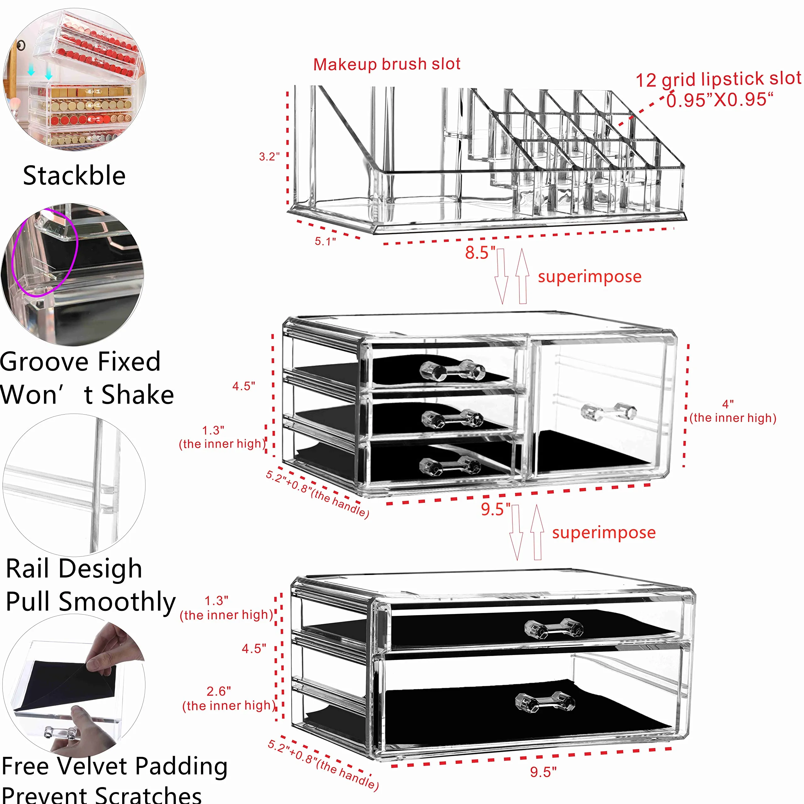 Cq acrylic 3 Pack Clear Makeup Organizer Countertop, Stackable 6 Drawers Skincare Organizer,Cute Skin Care Organizer for Vanity Hair Clip,Jewelry,Beauty Product Desk and Make Up Organizers for Vanity