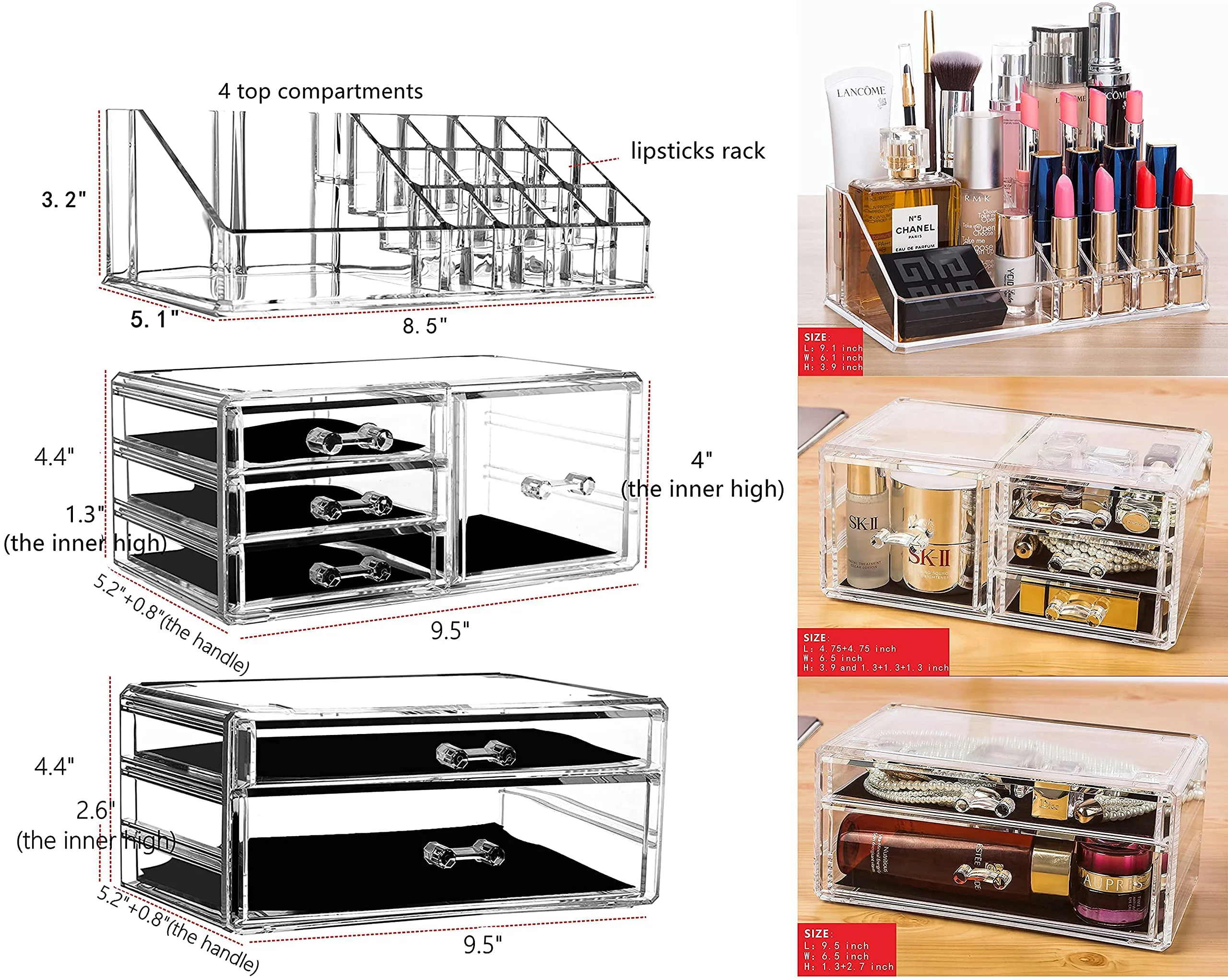Cq acrylic 3 Pack Clear Makeup Organizer Countertop, Stackable 6 Drawers Skincare Organizer,Cute Skin Care Organizer for Vanity Hair Clip,Jewelry,Beauty Product Desk and Make Up Organizers for Vanity